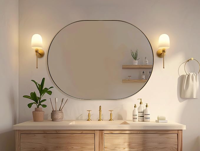 ANDY STAR 30x40'' Large Brass Oval Mirror, Brushed Brass Bathroom Mirrors Pill Shaped in Stainless Steel 1’’ Deep Wall Mounted Vertically & Horizontally