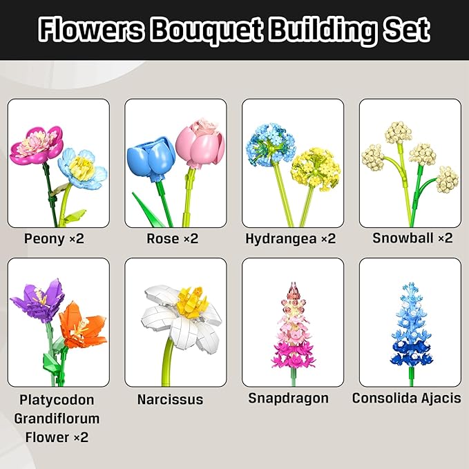 Flower Bouquet Building Set, 888 PCS Botanical Collection Building Block Toy, Flowers Rose Plant Home Decor, Valentine's Day Christmas Birthday Gift for Adults Women Boys Girls 8+