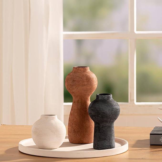 Ceramic Vase Home Table Decor - Flower Vase Set of 3 Living Room Kitchen Decorations Farmhouse Modern Rustic Vases Decorative Centerpiece for Shelf Bedroom Office Bathroom Dining Coffee Desk