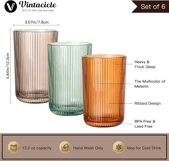 Colored Ribbed Highball Glasses Set of 6, 13.2oz Vintage Colored Glassware, Drinking Glasses for Water, Juice, Iced Coffee, Cocktails, Multicolor Glass Cups, Housewarming Christmas Gift