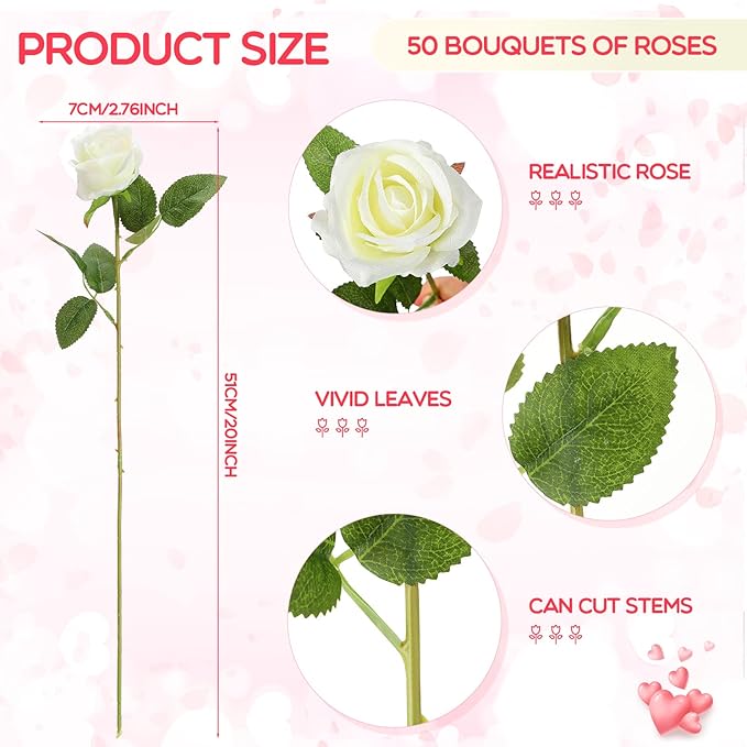 Jexine 50 Pcs Artificial Rose Flower Bulk Realistic Silk Fake Roses with Long Stem Plastic Artificial Flower Bouquet Real Looking for Home Wedding Centerpieces Party Decoration(White)