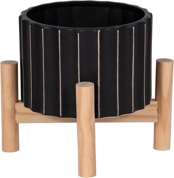 Ceramic Planter with Elevated Stand – Wood Indoor Plant Stand, Display for Greenery, Shelf or Patio Placement – Textured Modern Planter Pot for Elevated Display, Home Decor, Outdoor Decor – 6", Black