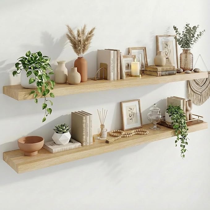 IAE Floating Wall Shelves 72 inch,Bathroom Shelf Wall Mounted,Invisible Shelf Floating Kitchen Shelves,Wooden wall Shelving with Brackets for Living Room wall Mounted,Easy Install,Set of 2,Natural