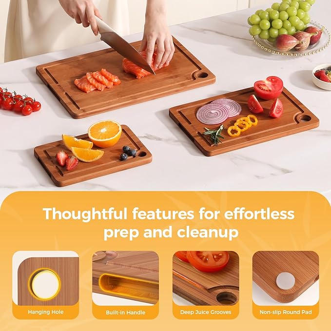 Bamboo Cutting Board for Kitchen, Wooden Cutting Board 3-Piece Set with Non-Slip Mat Deep Juice Groove and Built-In Handles, Wood Cutting Board for Meat Vegetables Fruit Ideal Gift for the Home
