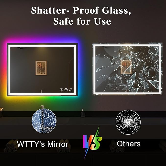 WTTY LED Bathroom Mirror 40"x30" with RGB Backlit and Front Light,Stepless Dimmable LED Mirror for Bathroom,Lighted Bathroom Vanity Mirror,Anti-Fog,Memory Function,Shatter-Proof,Wall Mounted