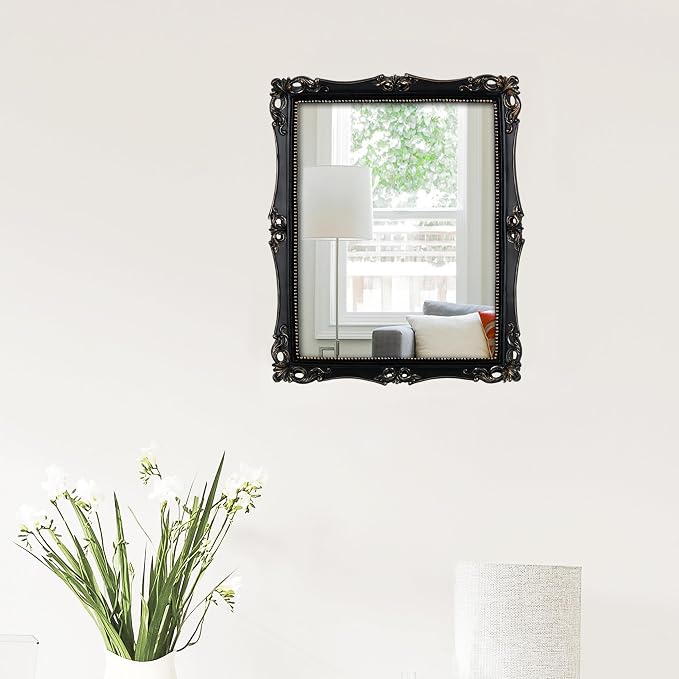 Funerom Vintage Decorative Mirror, Wall Mounted & Tabletop Makeup Mirror ，Square (Black, 16.5 x 13.5 inch)