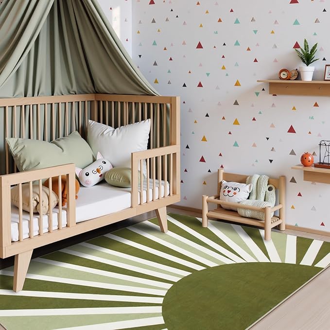 Lahome Green Area Rug: 5'x7 'Ultra-Thin Machine Washable & Non-Slip with Cute Boho Rainbow Sun Print for Living Room, Nursery, Bedroom, Entryway & Office