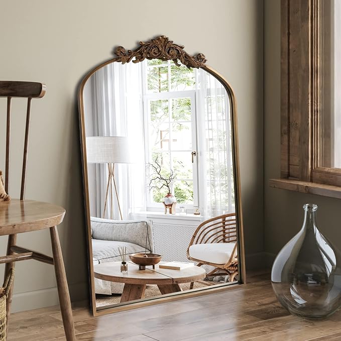 OUSHUAI Gold Brass Mirror for Wall,Gold Traditional Vintage Ornate Baroque Mirrors,Victorian Antique Bronze Mirrors with Full Matel Frame,Arched Mirror for Entryway/Bathroom/Fireplace 24"X36"