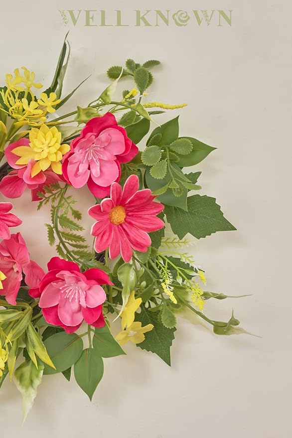 WELL KNOWN 2 Pcs Mini Spring Floral Candle Rings Wreaths for Pillars Home Table Window Decor, 9 Inches Artificial Flower Cabinet Wreath for Kitchen Farmhouse Wedding Party (Fuchsia Pink & Yellow)