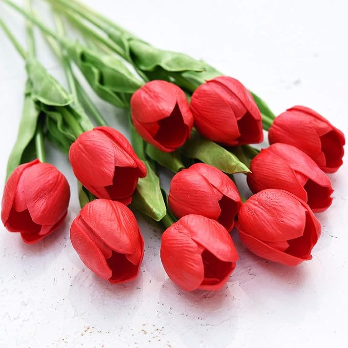 FiveSeasonStuff Real Touch Tulips Artificial Flowers – 15 Stems Faux Tulip Bouquet in Gift Box for Wedding, Home Decor, Party, Floral Arrangements (Scarlett Red)