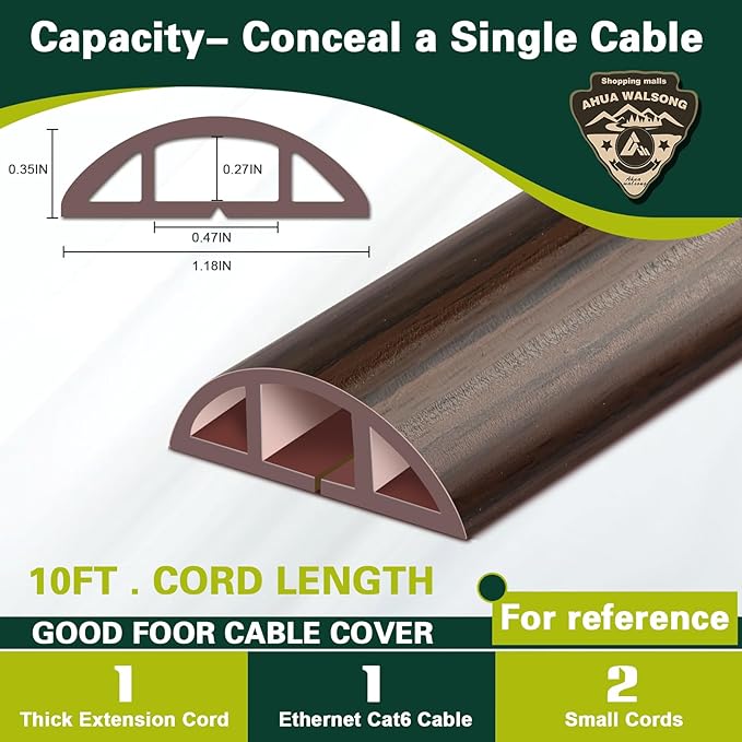 Floor Cord Cover Cable Cavity Self Adhesive Hider - Electric Cord Covers for Living Rooms, Offices - Cable Cover Protector (Black Wood, 1.18" x 10')