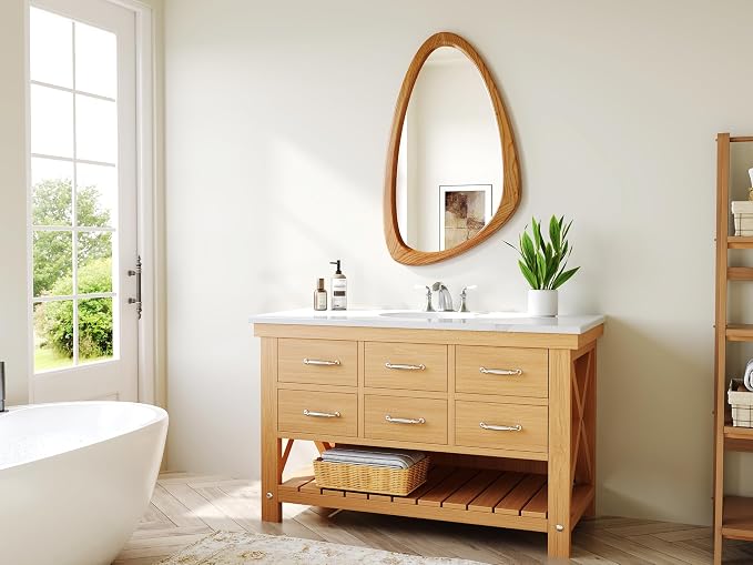 Mid Century Modern Mirror, 28x48 Inch Irregular Wall Mirror, Asymmetrical Wall Mirrors with Pine Wooden Frame for Living Room Bedroom Bathroom Entryway Hangs Horizontally or Vertically