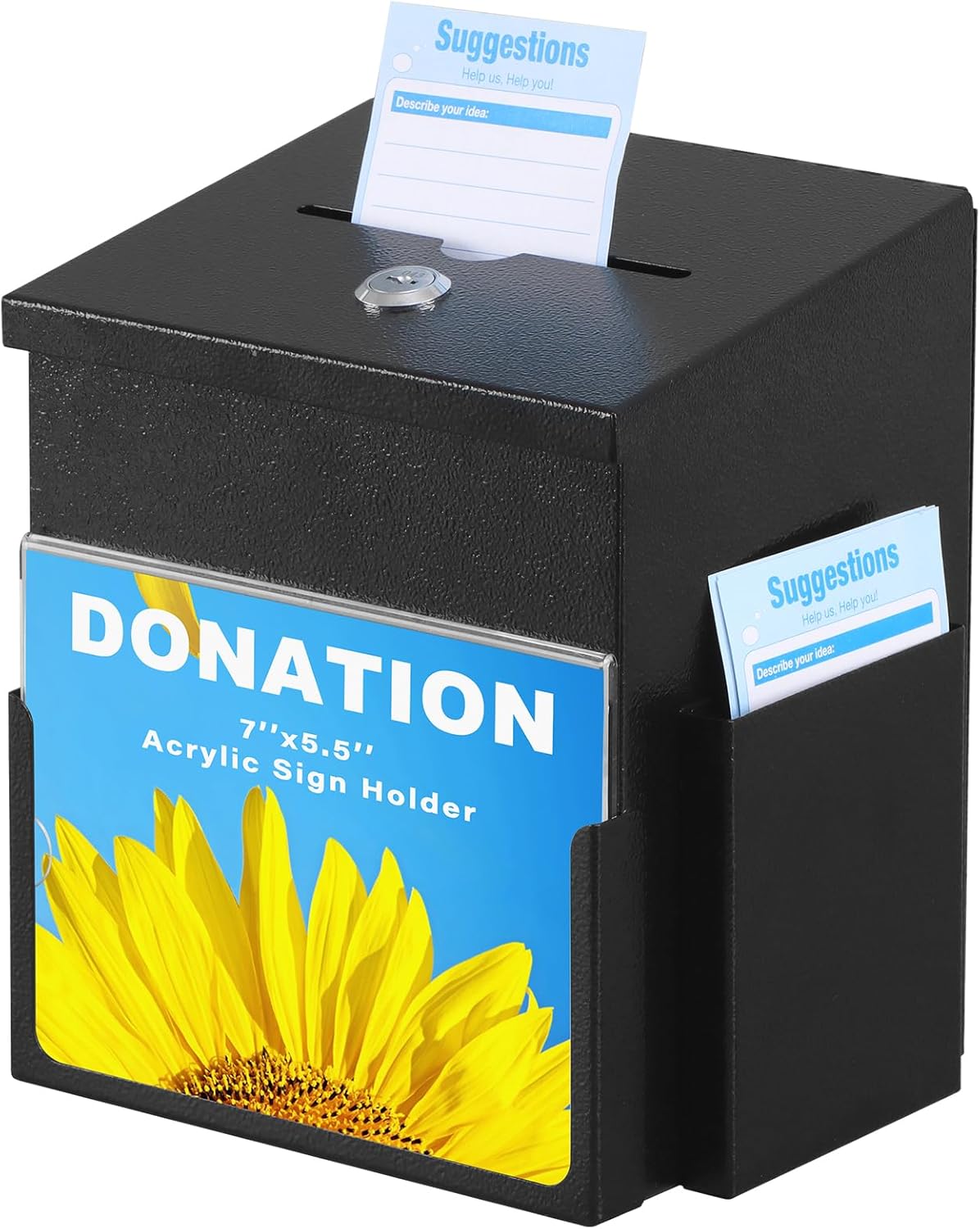 Xydled Donation Box - Key Lock Acrylic Sign Holder & Metal Ballot Drop Box | 8.9''x7.1''x6.3'', Black