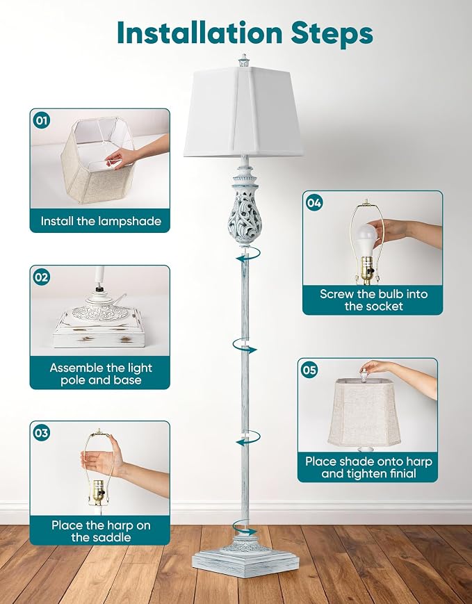 64'' Vintage Floor Lamp with Nightlight, Rustic Farmhouse Tall Standing Lamp with Rotary Switch and White Linen Shade for Living Room, Corner, Bedroom, House Decor, Wash Blue (Bulb Included)