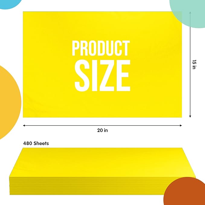 Party Solids Yellow Tissue Paper for Gift Bags - 15" X 20" Bulk Tissue Paper Yellow 480 Sheets - 10lb Newsprint for Packing, Birthday Gift Box Filler, Packing Supplies for Moving Supplies