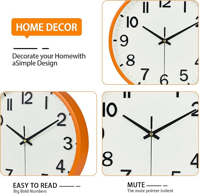 Wall Clock 10 Inch Silent Non-Ticking Modern Clocks Battery Operated Beige OrangeAnalog Wall Clock Classic for Office, Home, Bathroom, Kitchen, Bedroom, School, Living Room(Beige and Orange)