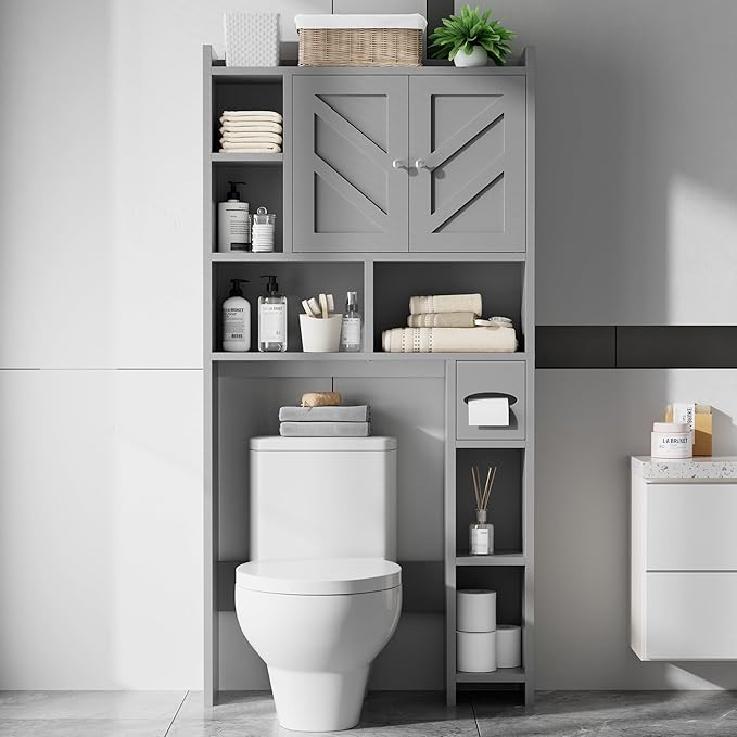 Over the Toilet Storage Cabinet, Freestanding Farmhouse Storage Cabinet Over Toilet, Bathroom Organizer with Paper Holder Stand and Adjustable Shelf, Grey