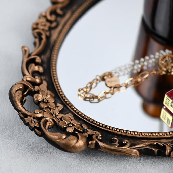 Tstarer Vintage Decorative Gold Framed Mirror, Wall Hanging Mirrors & Tabletop Tray for Bedroom Living Room Dresser Decor, Oval- 9.6" W x 14.3" L (BRONZE-2PACK)