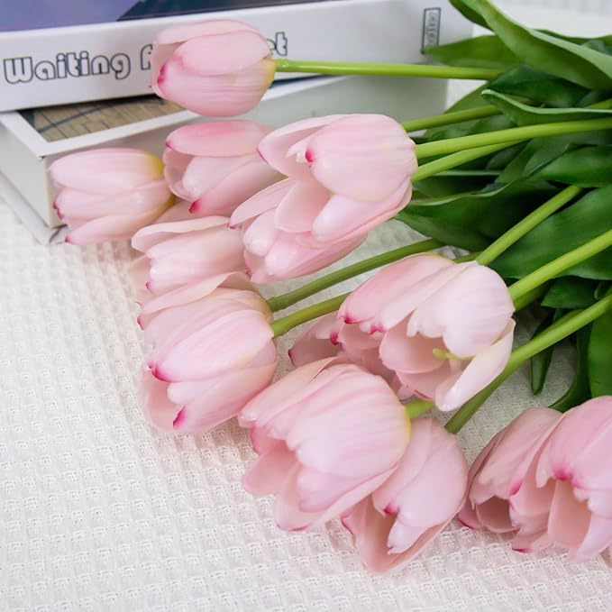 20 Artificial Tulips in Fluted Glass Vase, Waterproof Faux Flowers Bouquet for Wedding Home Office Decor, Table Centerpiece, Housewarming Birthday Gift Set (Pink)