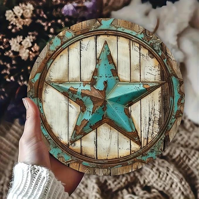 Rustic Texas Star Iron Wall Art, 7.98X7.98" Round Metal Tin Sign, Vintage Decor, No Electricity Needed, with Ideal Gift and Scrapbooking Accessory for Home, Cafe, Apartment, Restaurant