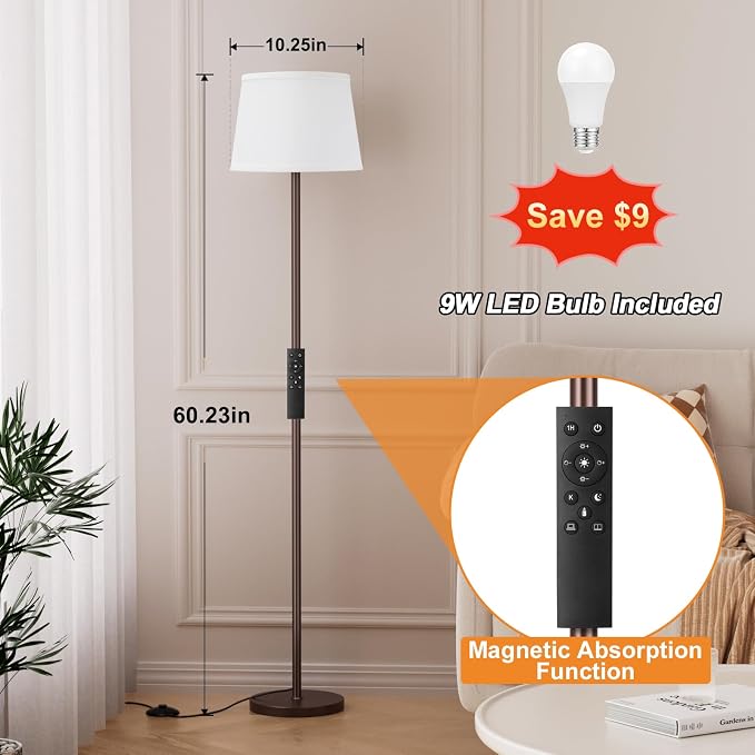 Raexpectis 【Upgraded Floor Lamps for Living Room, Modern Floor Lamp with Remote Control, Dimmable Colors Temperature Standing Lamp Foot Switch, 9W Bulb Tall Lamps for Bedroom Office Kid Room - Brown