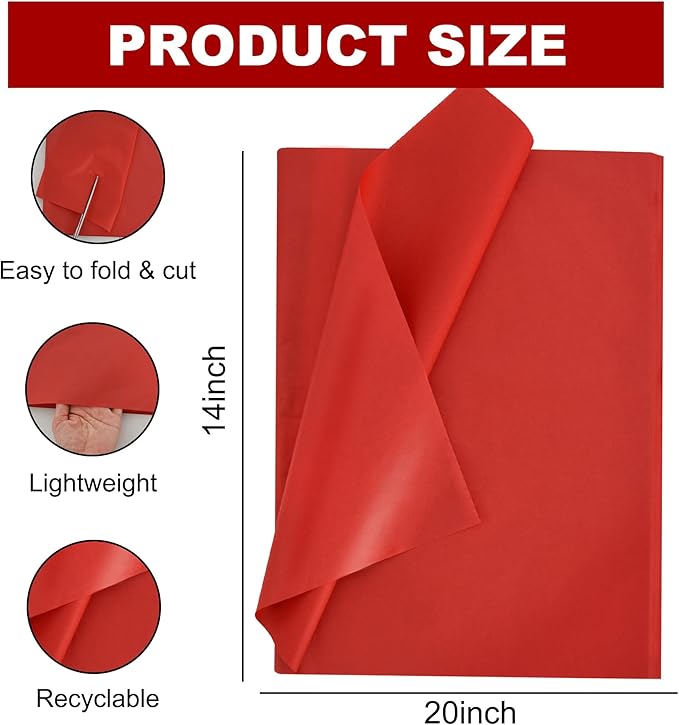 BEISHIDA 100 Sheets Red Tissue Paper Bulk, Wrapping Tissue Paper for Gift Bags, 14 x 20 Inch Gift Wrap for Birthday Wedding Graduation DIY Crafts Holiday Flowers
