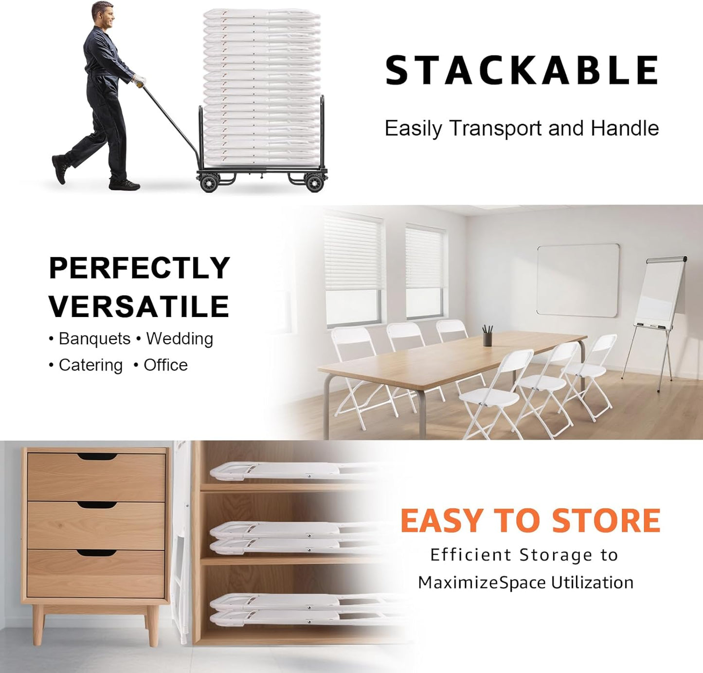 White Folding Chairs - 10 Pack Portable Stackable Design | Durable Indoor/Outdoor Use, 400lbs Capacity