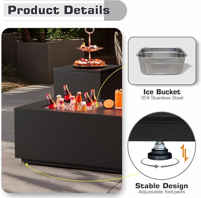 2-Piece 48" Rectangular Propane Fire Pit for Outside Patio with Hidden Tank Table & Ice Bucket, 50,000 BTU Fireplaces with Lid, Glass Rocks, Cover(Black w/Ice Bucket)