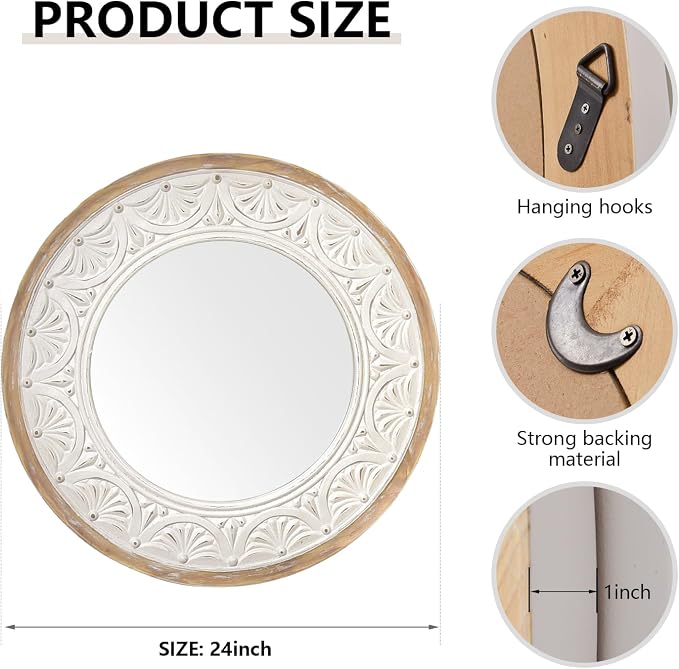 H HOMEWINS Rustic Round Mirror, 24" Wooden Circle Farmhouse Wall-Mounted Nature Beads Decor Mirror for Bedroom, Bathroom, Living Room,Vanity