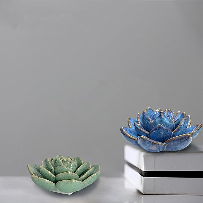 Ceramic Succulent Flowers Table Top with Stable Base, 3D Handmade Tablescape Decorative (Blue)
