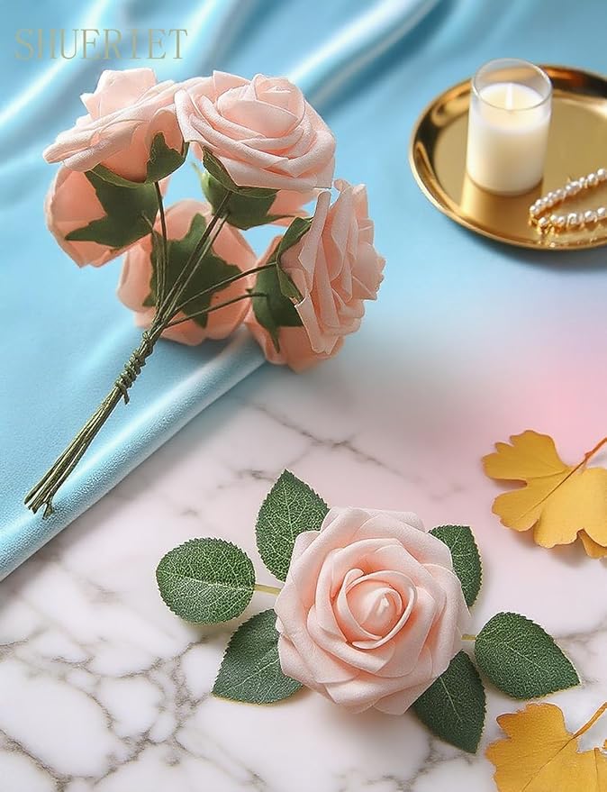 Blush Pink Artificial Roses 25pcs, Real Looking Fake Flowers with Stems for DIY Wedding Centerpieces, Bridal Shower, Party, Valentine's Day Gift, Home Decor