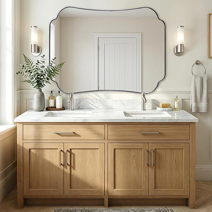 ANDY STAR 36x48 Chrome Bathroom Mirror, Large Decorative Scalloped Shape Wall Mirror with Stainless Steel Frame, Modern Wave-Edge Design for Vanity, Hallway, Lounge Decor