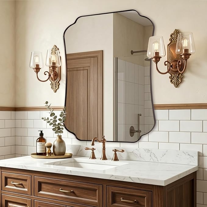 ANDY STAR Bronze Bathroom Mirror 30x40 Inches, Large Farmhouse Scalloped Wall Mirror with Vintage Charm, Stainless Steel Frame for Hallway, Lounge and Vanity Area