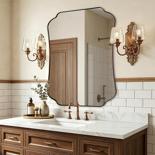 ANDY STAR Bronze Bathroom Mirror 30x40 Inches, Large Farmhouse Scalloped Wall Mirror with Vintage Charm, Stainless Steel Frame for Hallway, Lounge and Vanity Area