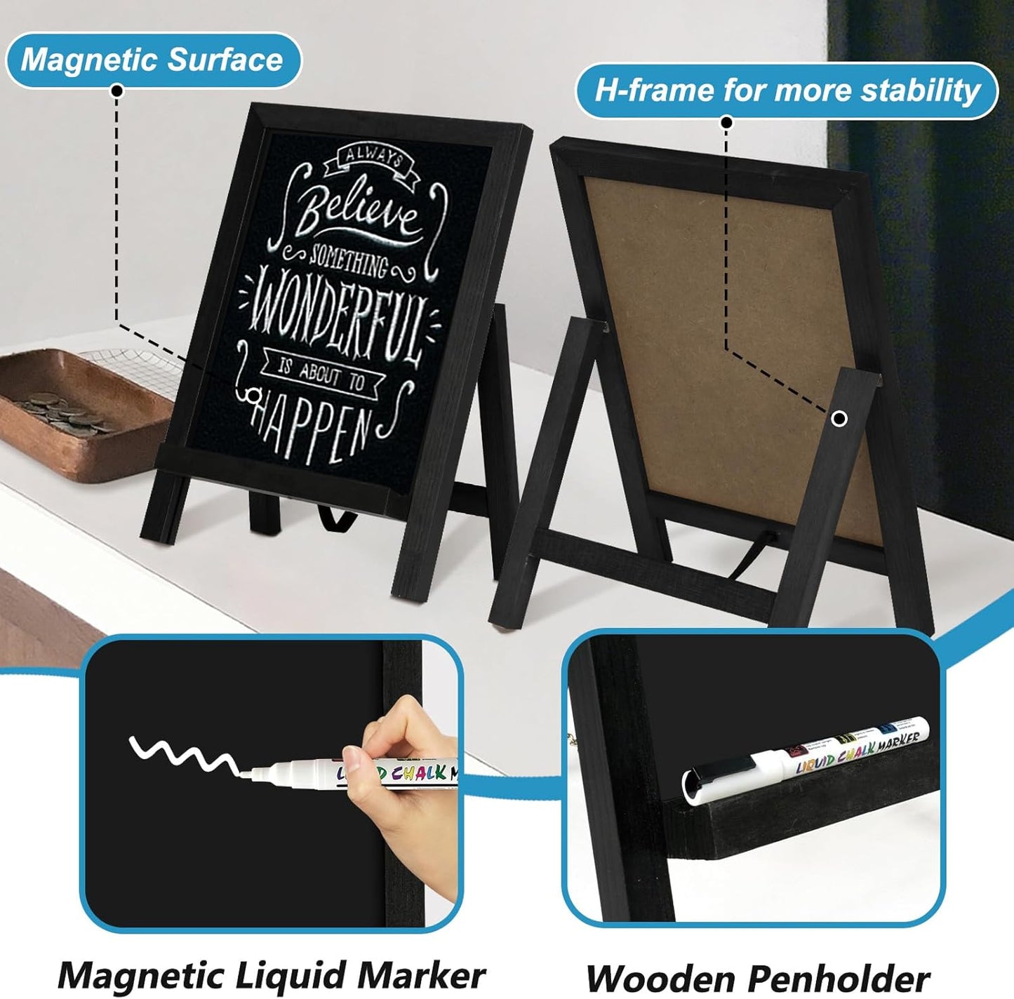 4 THOUGHT Mini Chalkboard Signs - 9.5" x 14" Magnetic Tabletop Menu Board with Wooden Frame for Kitchen & Cafe