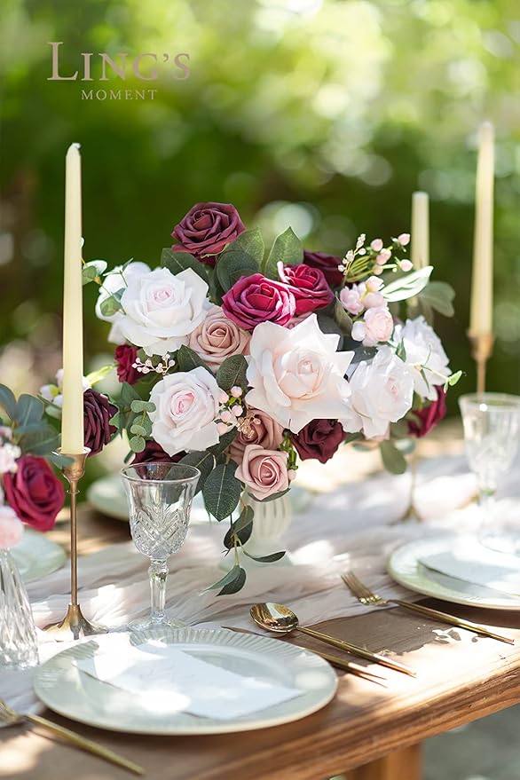Ling's moment Fake Flowers Box, Faux Artificial Greenery Stems Foam Roses Silk Ranunculus Eucalyptus Leaves Fabic Flower for Centerpieces Bouquet Wedding Vase, Berry Pink & Blush, Grand Combo