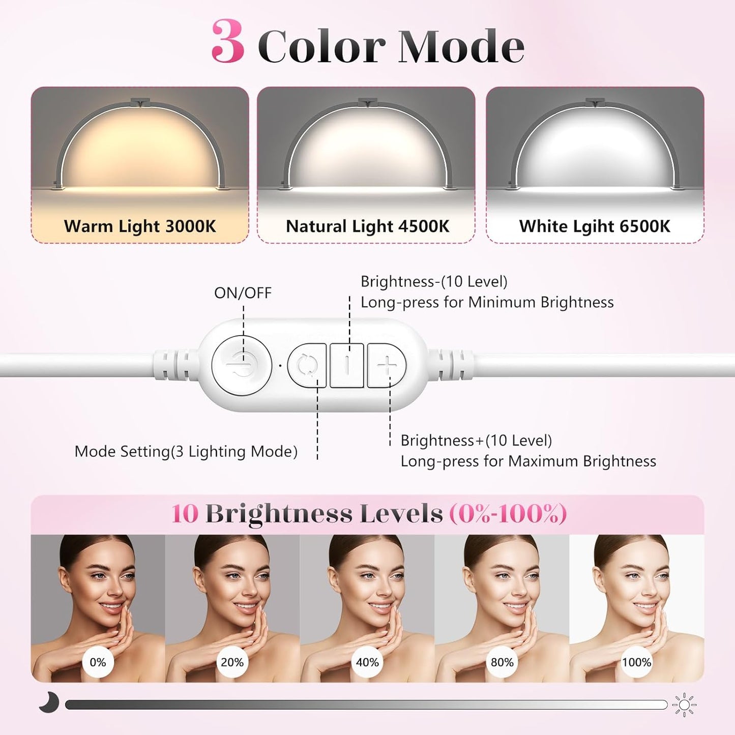 Yokilly Half Moon Desk Lamp - 23" Foldable Nail Tech Light with Phone Holder & 3 Color Modes (Diamond, Small)