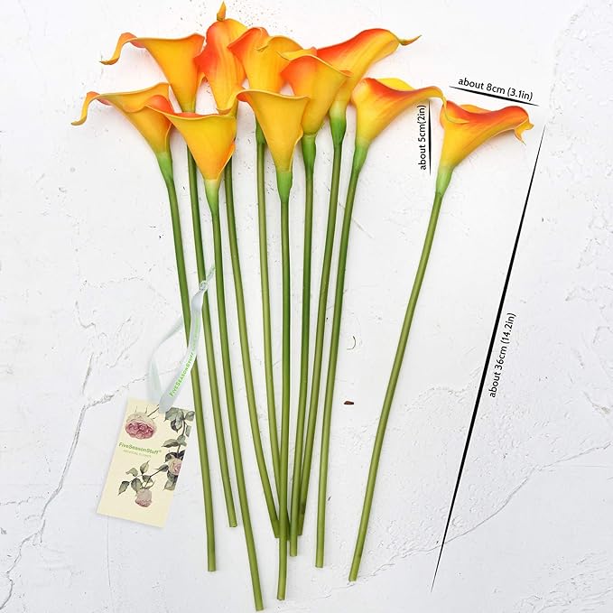 FiveSeasonStuff Real Touch Calla Lily Artificial Flowers Wedding Bridal Bouquet | Floral Arrangements | 15 Calla Lilies (Sunset Orange)