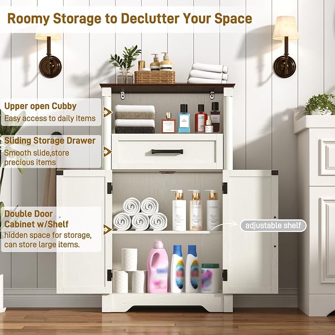 jiteentarou Farmhouse Bathroom Storage Cabinet,Bathroom Floor Storage Cabinet with Roman Column Decor,Small End Table with Barn Doors,Small Bathrooms Organizer(Rustic White)