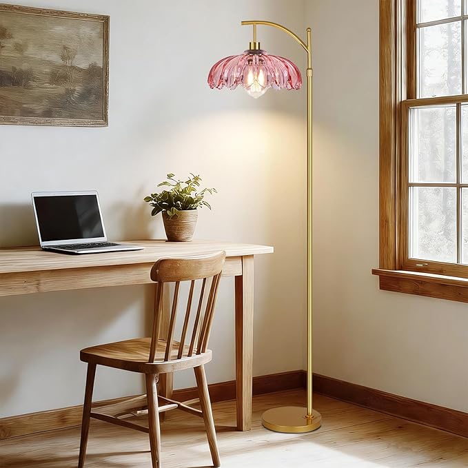 Pink Floor Lamp for Living Room,Bedroom,Glass Mid Century Modern Standing Lamp with Remote,Dimmable Gold Tall Lamp Vintage Arc Floor Lamps Flower Girls Kids Light Boho Bohemian