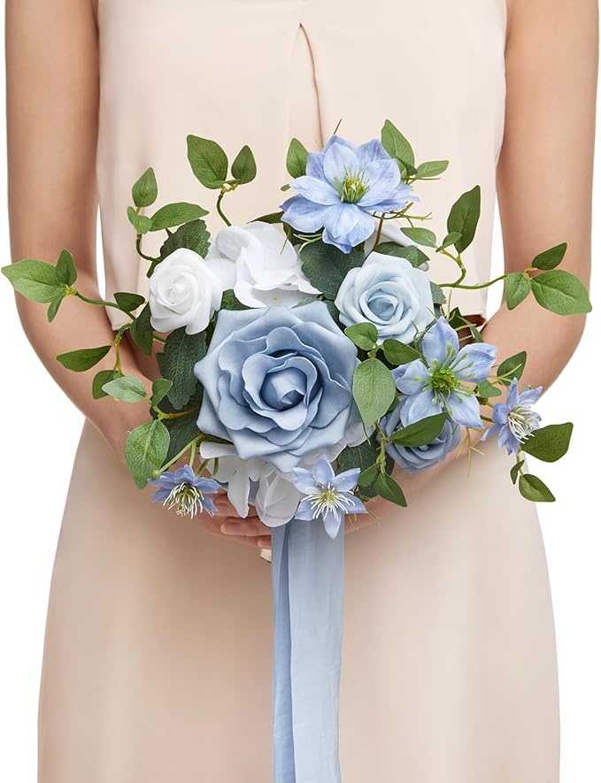 Ling's moment Bridesmaid Bouquet, Blue Wedding Bouquets for Bridesmaids, 7 Inch Bridal Bouquets for Bridesmaids, Wedding, Ceremony, Anniversary, etc.