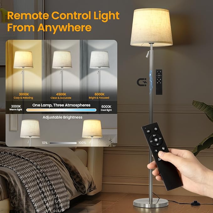 Modern Floor Lamp for Living Room and Bedroom- 55"-67" Height Adjustable Standing Lamps with Dimmable LED Bulb and Remote Control-Bright Tall Stand Light with Shade for Corner Lighting （Silver）