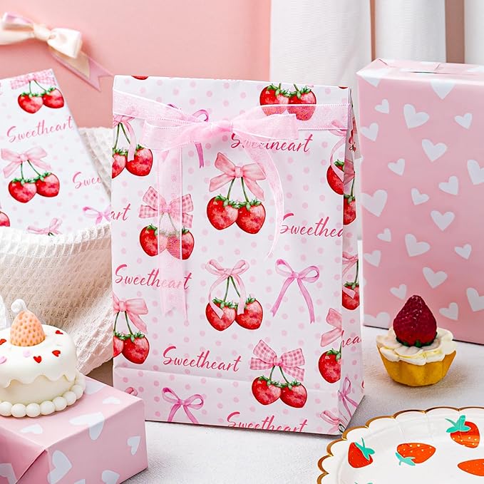 HOMERAL Pink Strawberry Wrapping Paper Roll - 17In x 32.8Ft Reversible Gift Wrap, Strawberry with Cherry-Stem and Bowknot for Girls Birthday, Wedding, Valentine’s Day, Baby Shower, Bridal Shower, Holiday, DIY Crafts