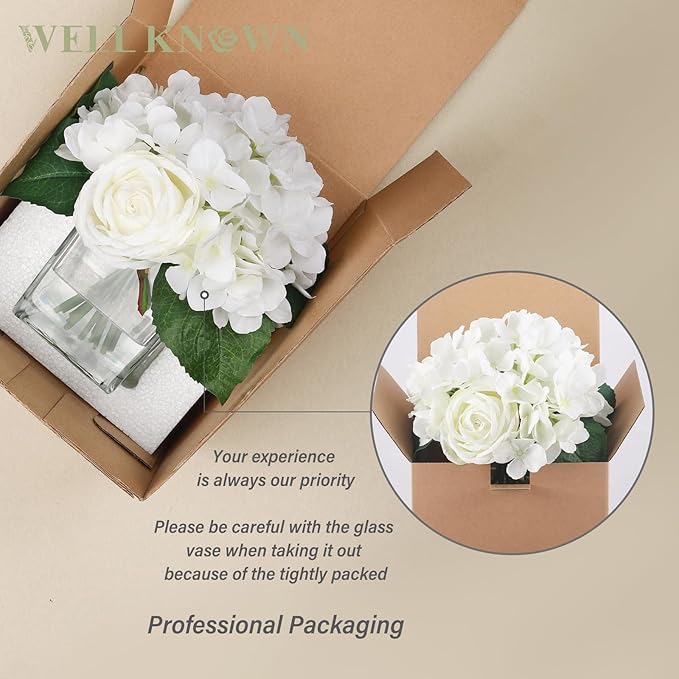 WELL KNOWN Fake Flowers in Vase, Hydrangea Rose Artificial Flowers with Fake Water in Glass Vase Realistic Silk Faux Floral Centerpiece for Coffee Table Office Dining Room Wedding Home Decor - White