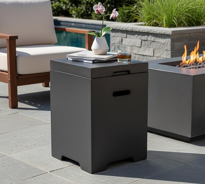 HillAethel 21-Inch Outdoor Propane Tank Cover, Small Side Table,Square Weatherproof Gas Tank Cover for Outdoor Fire Pit Table and Grill, Store 20lb Propane Gas Tank,Removable Lid,Dark Grey