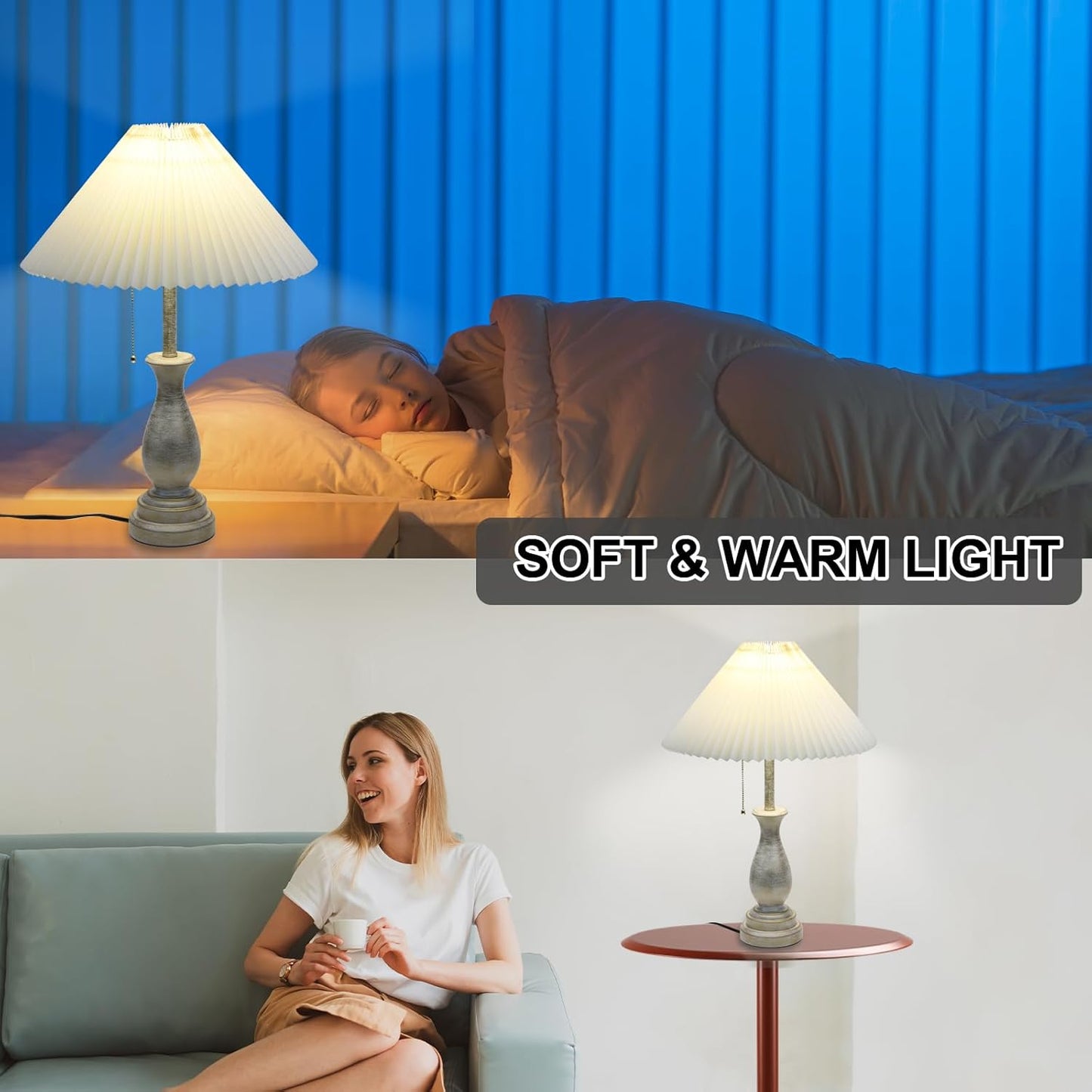 Skiennix Farmhouse Table Lamp - 3-Way Dimmable Nightstand Lamp with Fabric Shade | Modern Design for Living Room & Bedroom