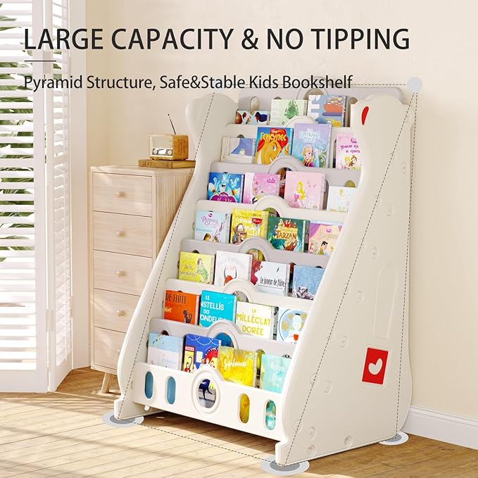 Kids Bookshelf for Toddlers, 7 Tier White Bookcase for Kids Bedroom/Nursery/Classroom, Corner Bookshelf Book Storage Organization Montessori Baby Book Storage Shelf (Grey-7-Tier Bookcase)