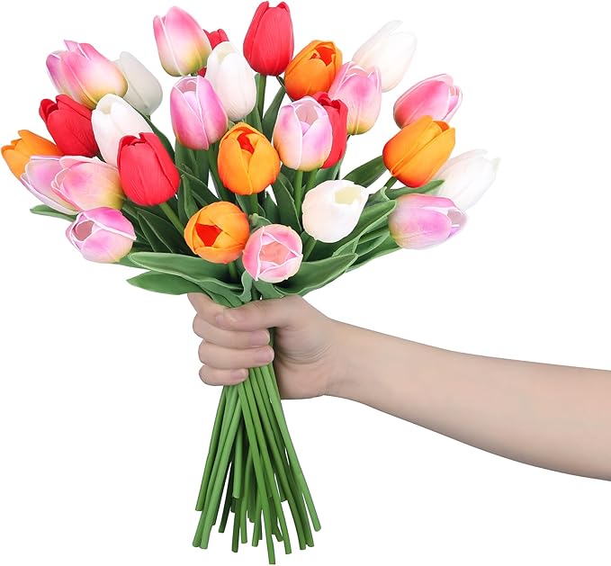 20pcs Tulips Artificial Flowers for Real Touch Fake Tulips Slik Faux Flowers for Summer Wedding Bouquet Mother's Day Decor (5 Color 14 Inches)