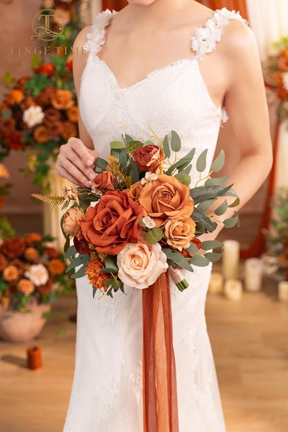 TINGE TIME Wedding Bouquets for Bride, 9 Inch Handcrafted Silk Bridal Flowers Bouquets for Fall Wedding Ceremony, Gift for Bridesmaid, Bouquet for Party Church Decoration (Brunt Orange)