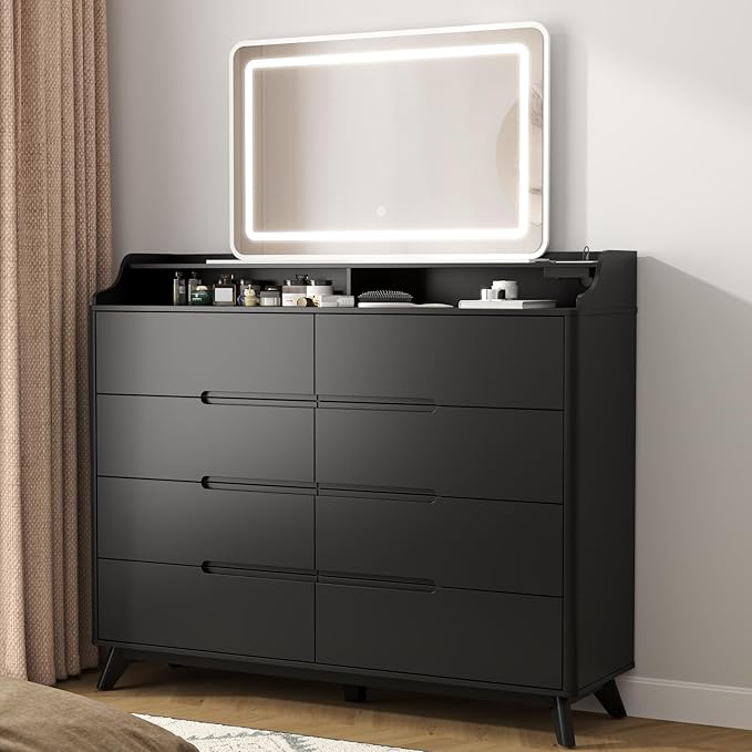 Dresser for Bedroom with 8 Drawers, 55" Large Dresser & Chest of Drawers with Charging Station, Wood Closet Clothes Storage Tall Dressers Organizer for Bedroom Living Room Hallway (Black)